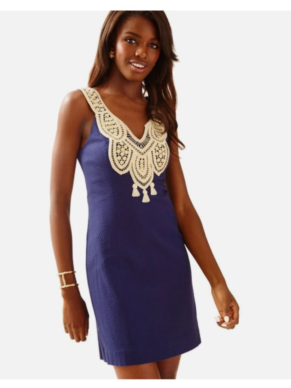LILLY PULITZER Largo Shift Navy Dress with Gold Crochet Detail (Women's Size 6)